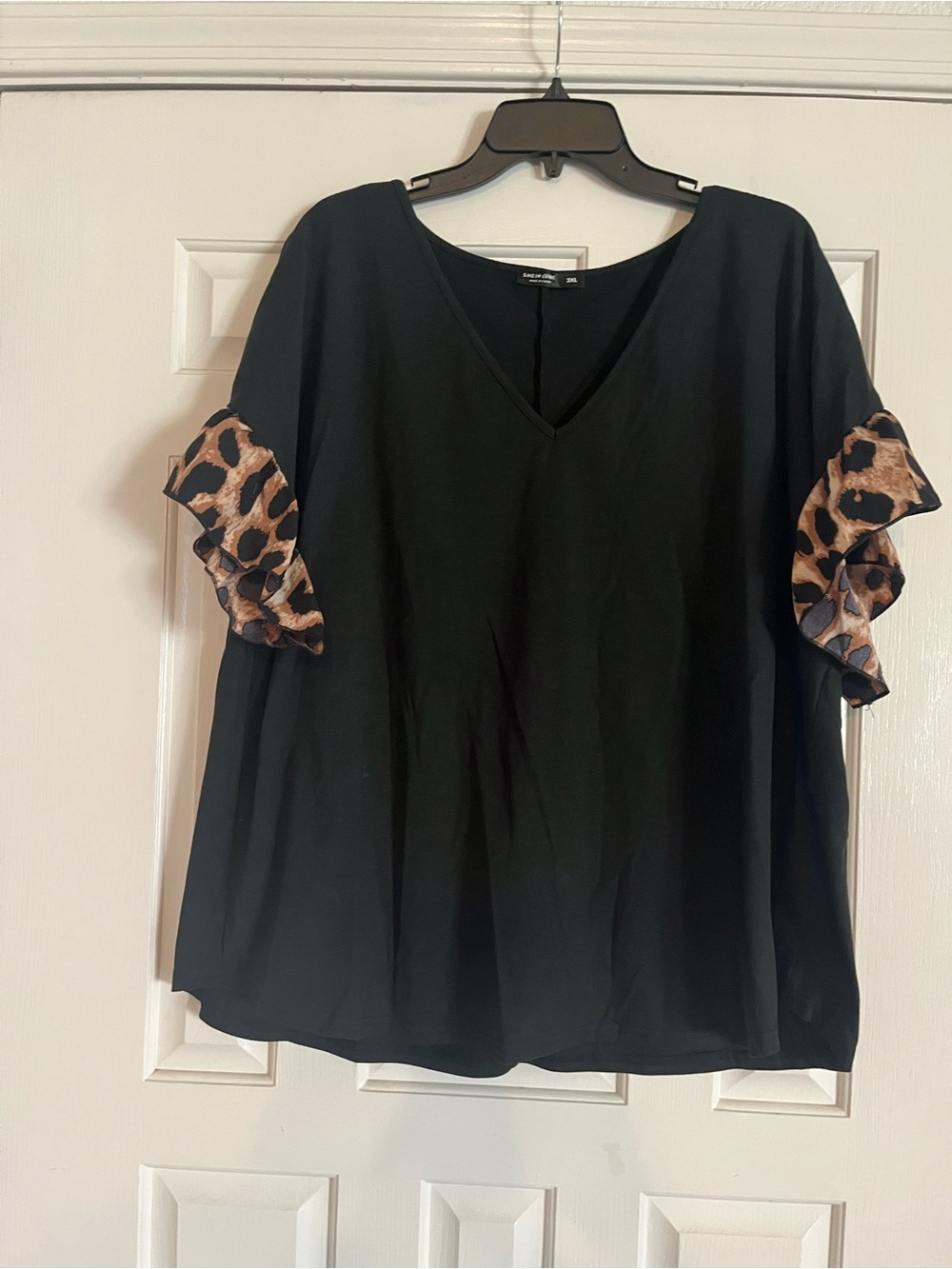 Shein Curve Black V-Neck Top with Leopard Ruffle Sleeves